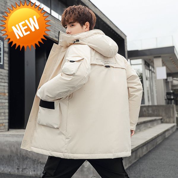 

2021 winter down-jacket-men hooded solid color thick warm white duck down jacket waterproof for men youth streetwear coats, Black