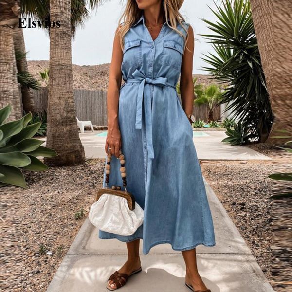 

casual dresses fashion sleeveless jean women dress lady lace-up belted party elegant button turn-down collar denim long 2021, Black;gray
