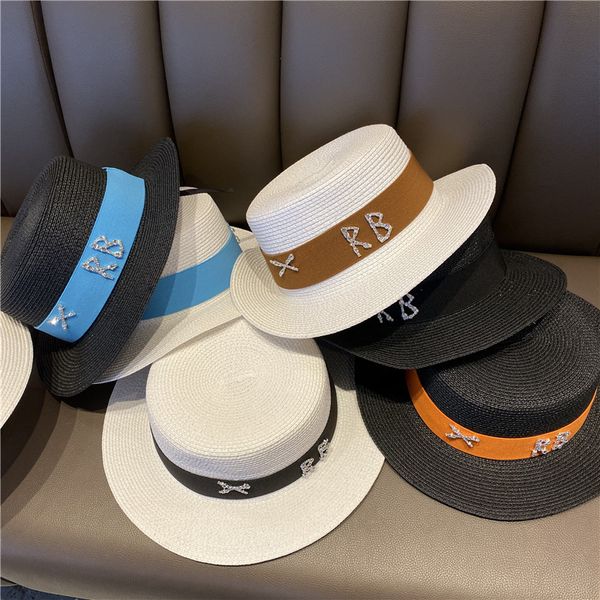 

summer lady lente hats letter rhinstone wide brim jazz panama stro sunblock beach hat women plate stro has cap fedora, Blue;gray