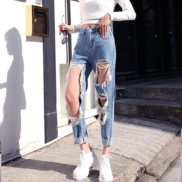 

women's jeans women 2021 high waist ripped hole fashion denim straight pants jean harajuku loose casual trousers, Blue