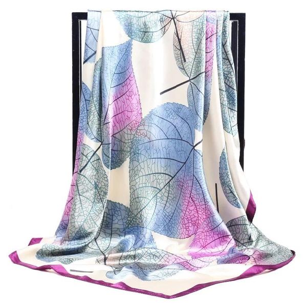 

scarves 2021 90x90cm headcloth four seasons sunscreen big kerchief korean satin square shawls fashion leaf print silk, Blue;gray