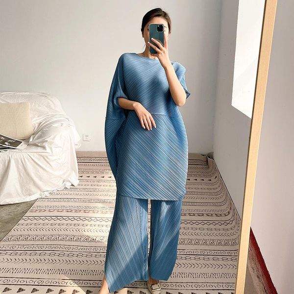 

women's two piece pants miyak pleated fashion clothes set half sleeve irregular long wide leg pant women autumn solid casual loose 2, White