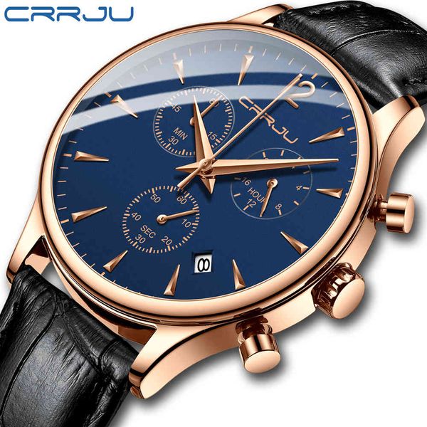 

crrju mens leather sports waterproof watches fashion dress casual watch for man quartz chronograph men's watch reloj hombre 210517, Slivery;brown