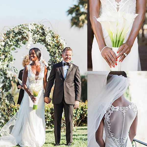 

lace appliques wedding dresses mermaid deep v neck illusion back sweep train wedding bridal dresses gown vestidos de mariee, White