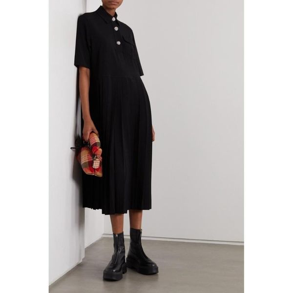 

party dresses women turn-down collar midi dress 2021 short sleeve pleated black flower buttons long with single pockets, White;black