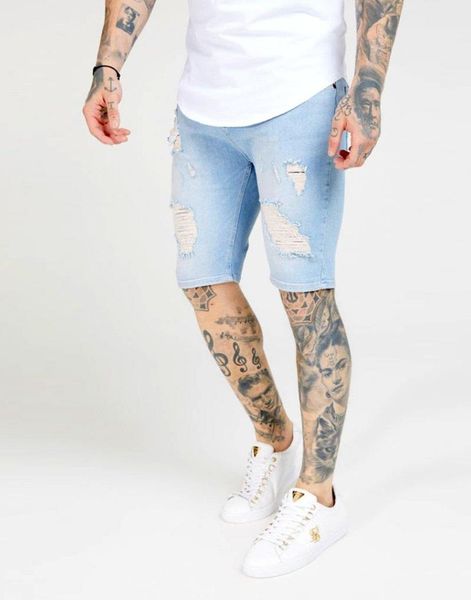 

men's jeans siksilk distressed slim fit denim shorts ice blue