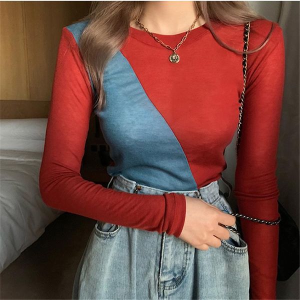 

women's t-shirt harajuku patchwork t shirt o-neck women fashion slim chic female tee shirts casual elegant long sleeve ladies tshirt, White