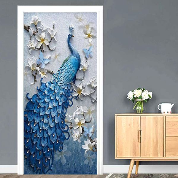 Deursticker 3D Stereo Pauwbehang Woonkamer Slaapkamer Home Decor PVC Zelfklevende waterdichte muurstickers Vinyl 3D Muurschilderingen 210317