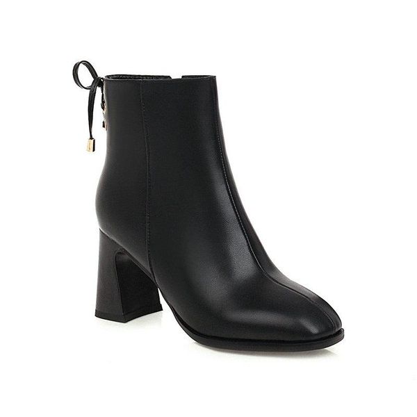 

boots 2021 women round toe side zipper autumn winter ankle pu leather square high heel shoes size 34-43, Black