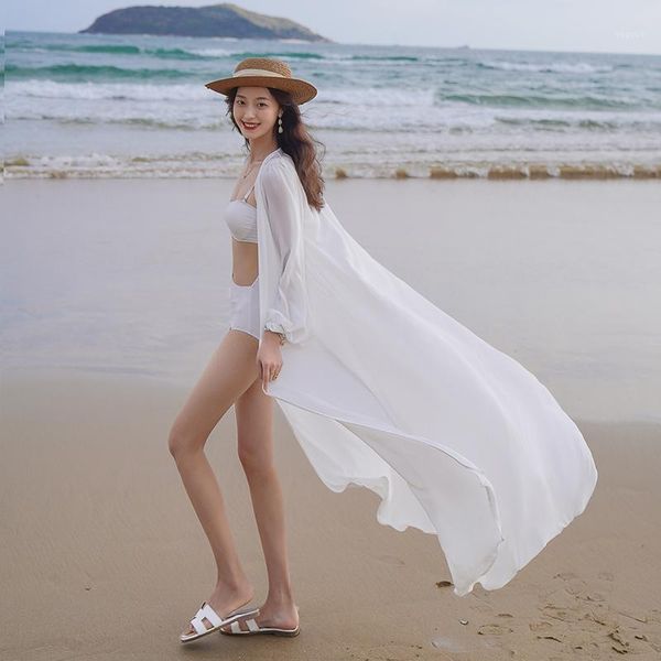 

beach skirt 2021 women super fairy sanya resort swimsuit chiffon elegant long sleeve women's swimwear, White;black