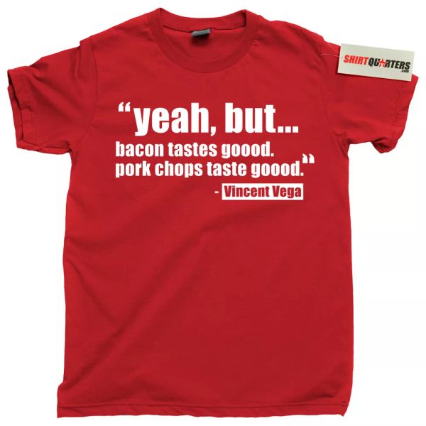 

Pulp Fiction Vincent Vega Jack Rabbit Slims Royale with cheese bacon tee t shirt, White;black