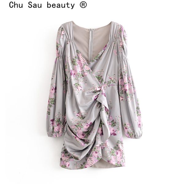 

beauty fashion deep v-neck floral print dress women party chic long sleeve mini dresses mujer vestido de moda 210514, Black;gray