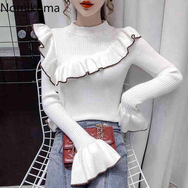 

nomikuma ruffles patchwork slim sweaters long sleeve half turtleneck sweater casual fashion basic pullover jumpers pull femme 210514, White;black