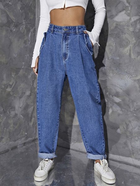 

high waist baggy roll hem jeans d7mh#, Blue