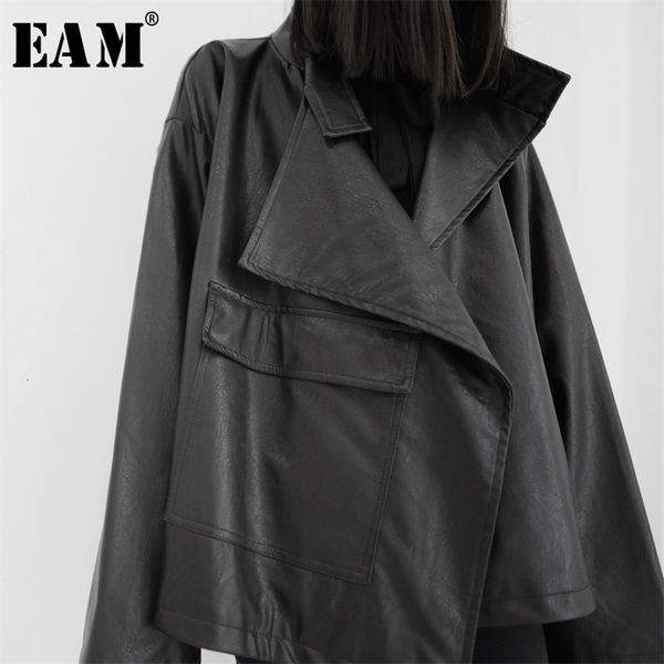 

[eam] loose fit big size asymmetrical pu leather jacket lapel long sleeve women coat fashion spring autumn 19a-a543 210817, Black;brown