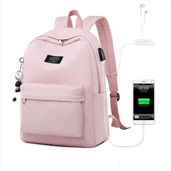 

solid color printing lapbackpack for girls usb charging animal pendant children school bags female travel mochila bag 4.9