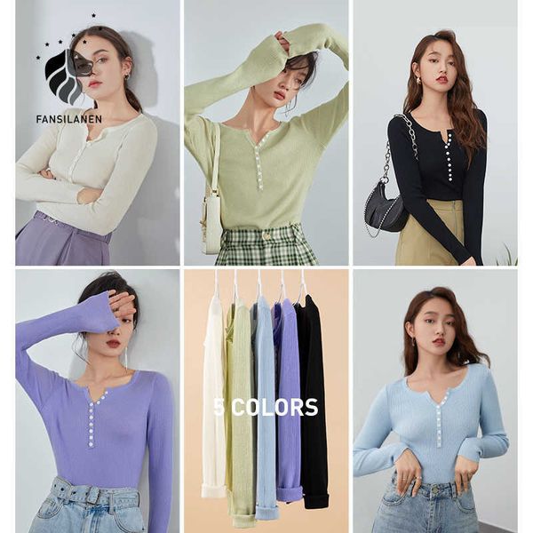 

fansilanen multicolor slim spring knitted sweater women long sleeve casual black pullover female button up white jumper 210607, White;black
