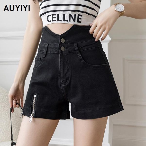 

summer product korean design sense double zipper decoration was thin high waist net red denim wide leg shorts women women's jeans, Blue