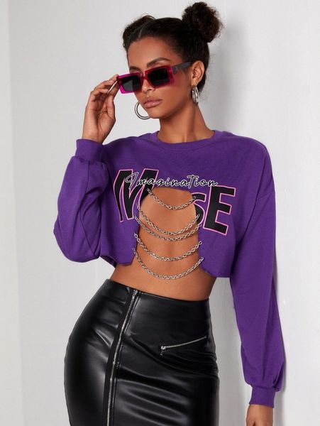 

letter graphic drop shoulder chain detail crop sweatshirt i4xt#, White;black