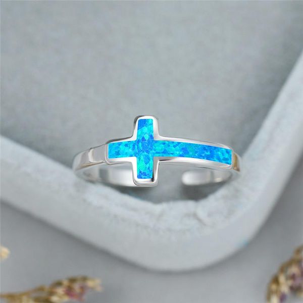 

wedding rings classic female blue cross opal stone ring elegant silver color love engagement dainty open thin for women men, Slivery;golden