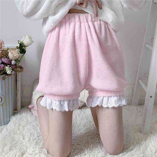 

japanese winter soft girl lolita warm velvet shorts sweet high waist summer plush shorts womens cute lolita leggings, White;black