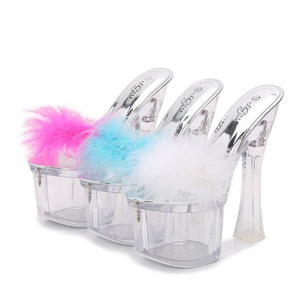 

platform slippers female shoes women summer transparent fur waterproof ladies high-heels sandals, Black