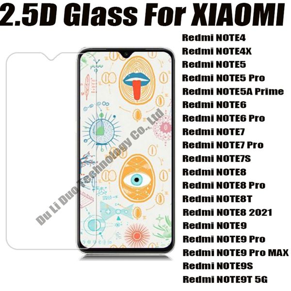 2.5D 0.33mm Protetor de tela de vidro de vidro temperado para Xiaomi Redmi Red Mi Note8 2021 Nota 4 4x Nota5 5 Pro 5A 6 6PRO 7 7S 8T 9 9PRO 9S Prime