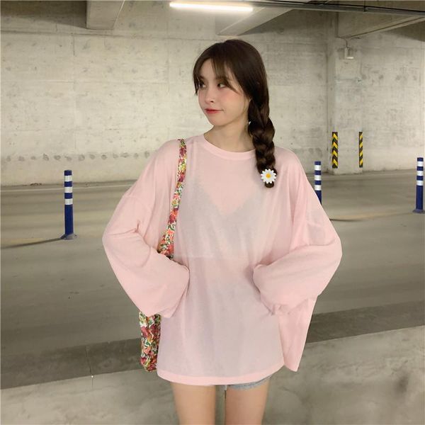 

women's t-shirt 2021summer thin loose wild pure color sunscreen shirt women long sleeve fashion casual clothing, White