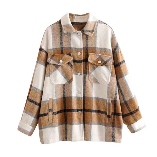 

women's jackets vintage pockets oversized plaid jacket coat women 2021 lapel collar long sleeve loose outerwear chic, Black;brown
