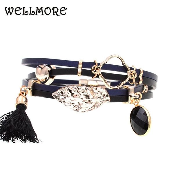 

charm bracelets wellmore leather leaf crystal bohemian for women party jewelry wholesale, Golden;silver