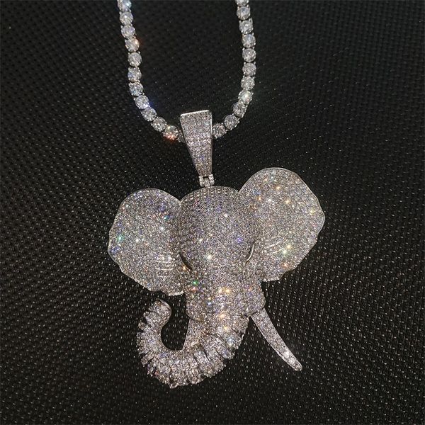 

3d animal elephant pendant necklace iced out full zircon with tennis chain mens bling jewelry 109 u2, Silver