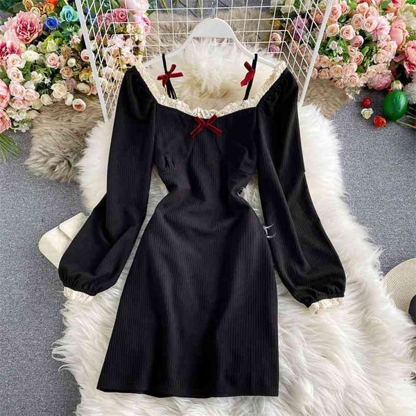 

french retro temperament little black dress spring and autumn bow knot waist slimming square collar bag hip uk209 210506, Black;gray