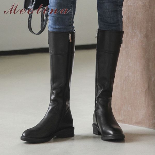 

real leather mid heel long boots women riding shoes buckle zipper thick heels knee high autumn winter black 210517