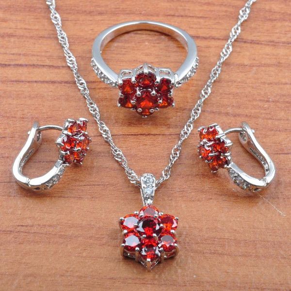 

earrings & necklace silver color jewelry set gift red zirconia for women pendant rings js0499