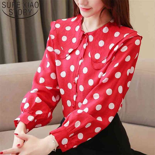 

autumn fashion women chiffon blouses long sleeve o-neck clothing casual dot elegant 5702 50 210506, White
