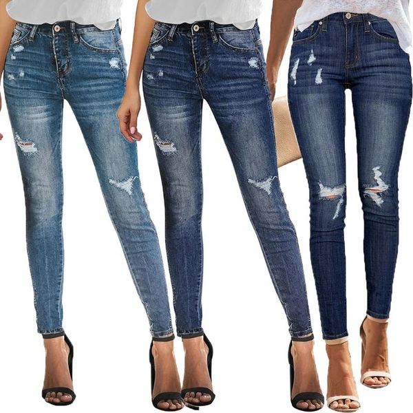 

mid waisted ripped holes denim female trousers pencil jeans women skinny detailing pants button stretch women's, Blue