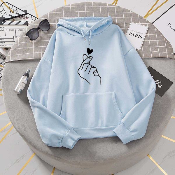 

women hoodies casual kpop finger heart love pattern hoody sweatshirts fashion hoodie long sleeve female pullovers streetwear y0820, Black