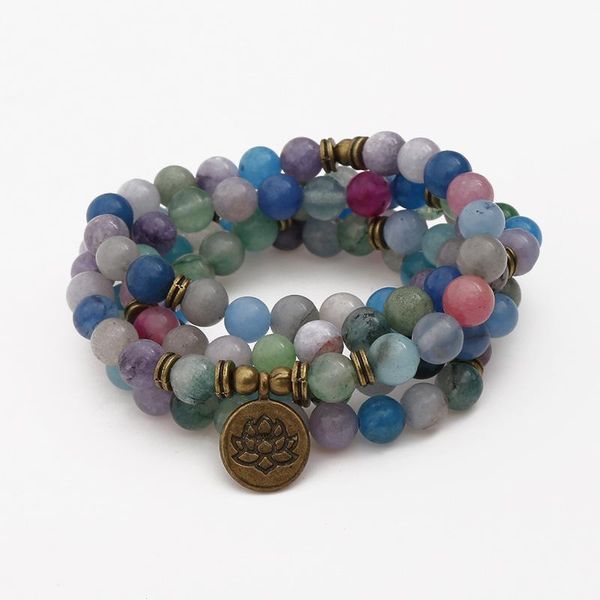 

beaded, strands fashion women men bracelet multicolor natural stone beads with antique lotus charm wrap bracelets on hand 108 mala necklace, Black
