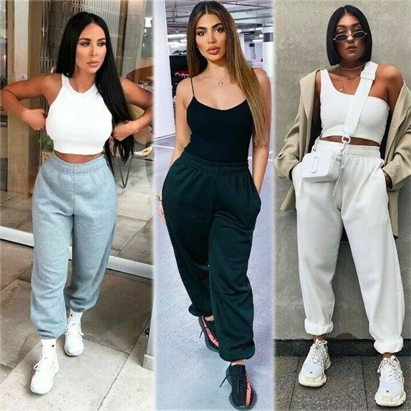 2020 Yeni Kadın Koşu Harem Pantolon Rahat Moda Hip Hop Dans Spor Koşu Sweatpants Jogger Baggy Pantolon Siyah / Gri / Beyaz X0629