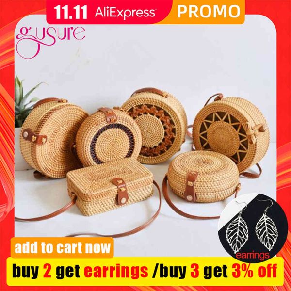 

bag gusure woven rattan bag round straw shoulder small beach hands women summer hollow handmade messenger crossbody s