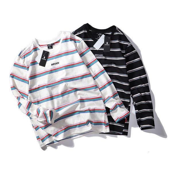 

t shirt autumn men's long sleeve dress hip hop stripe bottomed fashion brand loose round neck, White;black