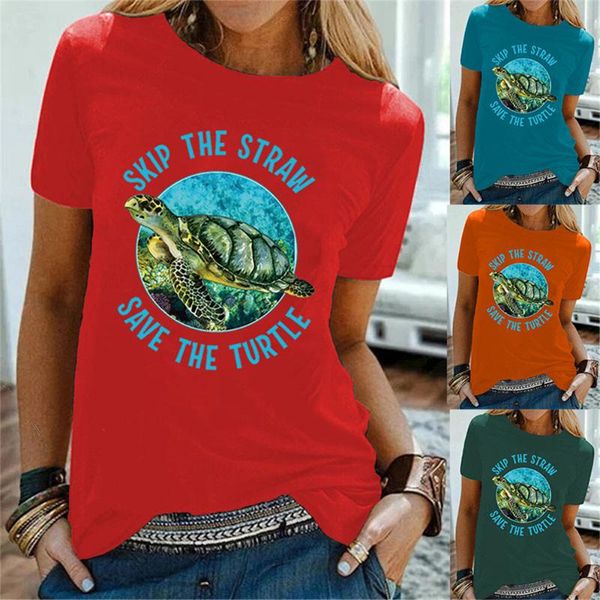 

women's t-shirt skip a straw save turtle print t-shirts women summer graphic tee harajuku shirts for loose aesthetic clothes streetwear, White