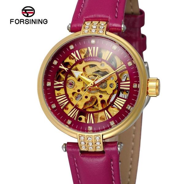 

wristwatches forsining women watches fashion diamond skeleton ladies automatic waterproof luminous hands genuine leather relojes, Slivery;brown