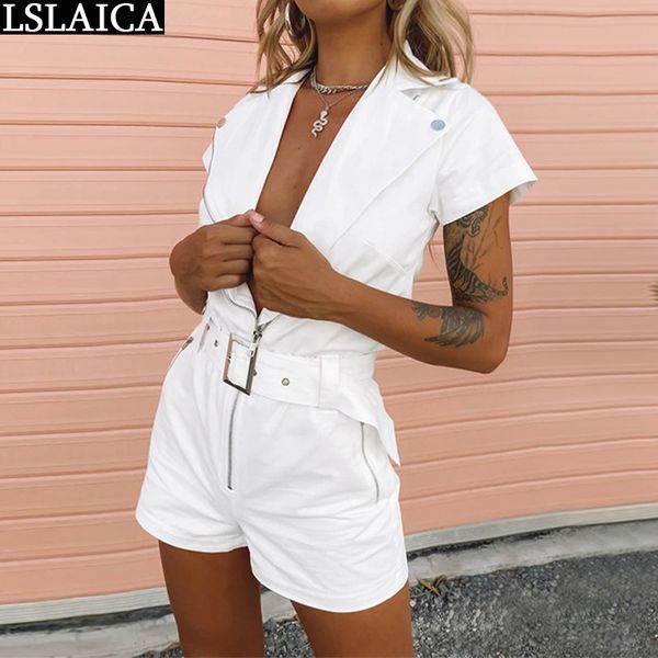 

overalls for women jumpsuit zipper short sleeve sashes shortt bodycon chic office lady casual playsuit mono largo mujer 210520, Black;white