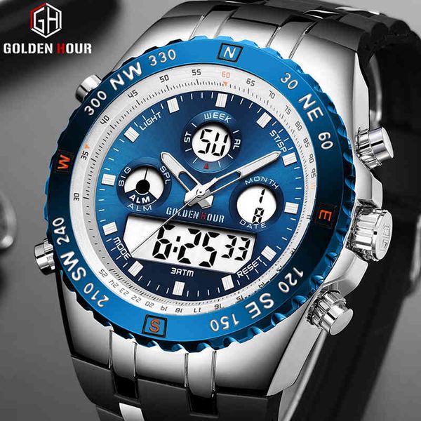 Orologio da uomo sportivo da esterno con doppio display moda GOLDENHOUR Orologio da polso al quarzo da uomo di marca superiore Cinture in silicone casual Orologio da uomo Relogio 210517