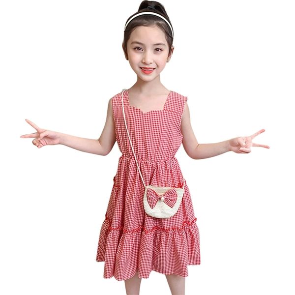 

dresses for girls plaid pattern child summer kids casual style clothes bag 210527, Red;yellow