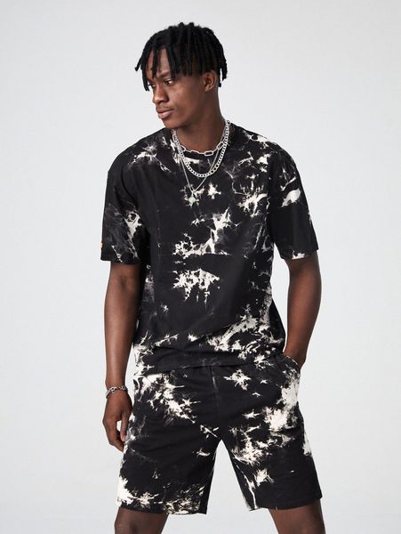 

men letter patch tie dye tee & track shorts set 44su#, Gray