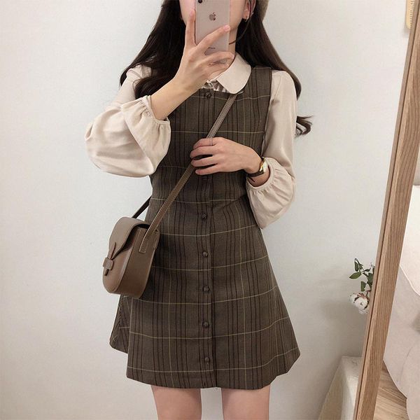 

2021cute mini new year date dresses sleeveless vest women korea japanese style design retro vintage plaid button shirt dress 11021, Black;gray