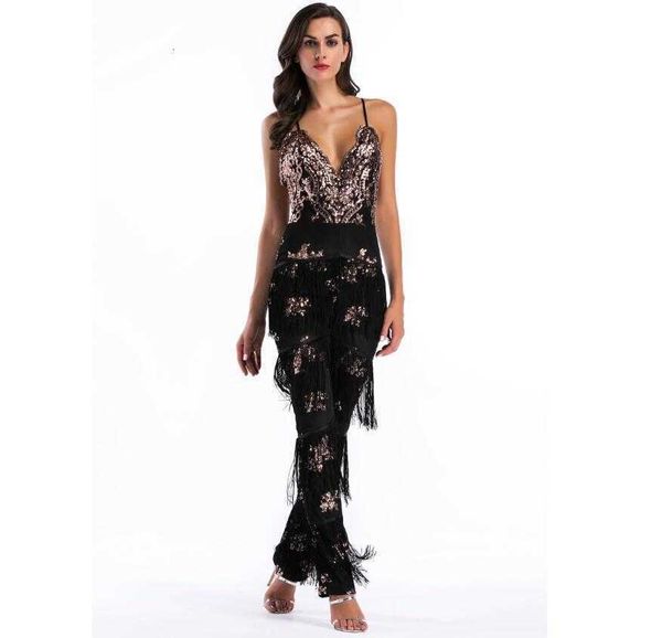 

luxury party evening dress women's tassel sequin splicing pants, Black;gray