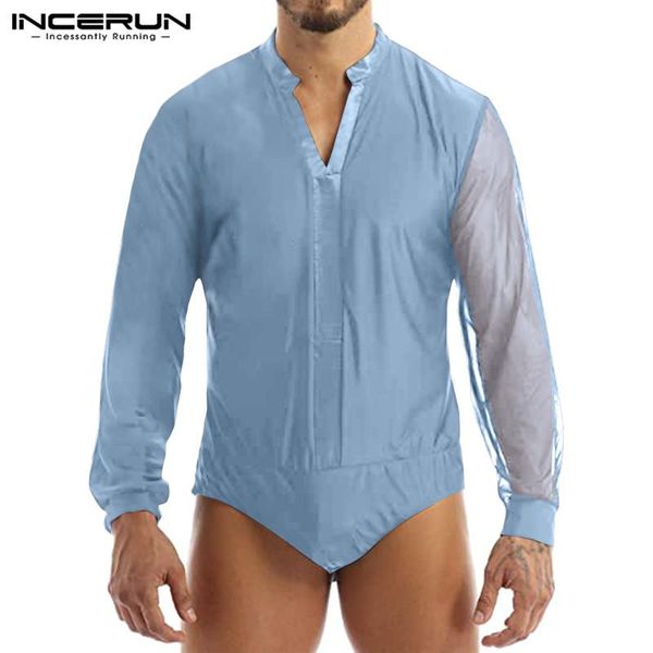 

mens comfy mesh incerun male solid bodysuit shirts long sleeve v neck blouse fashion patchwork romper s-5xl 7 men's casual, White;black